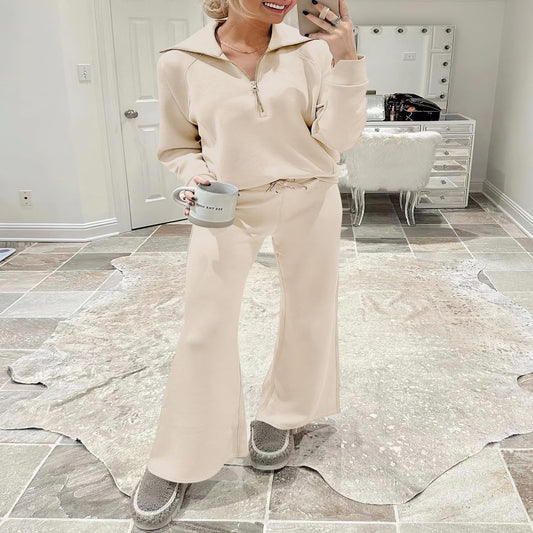 Leisure Sports Suit Long-Sleeve Zipper Sweatshirt Wide Leg Pants Two-Piece Set